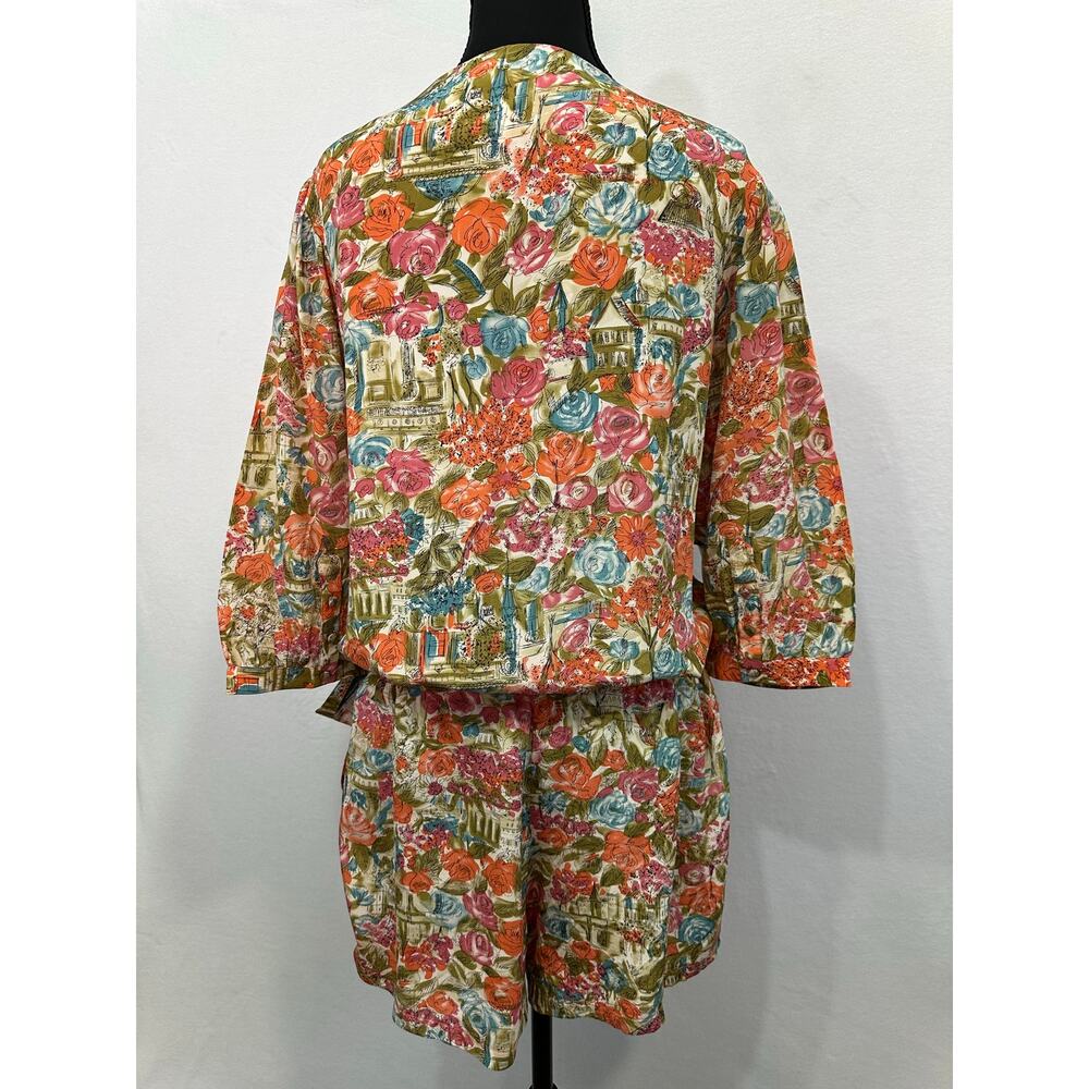 Isabel Lu 100% Silk Floral Belted Romper Size Large Multicolor Garden Print - Picture 5 of 12
